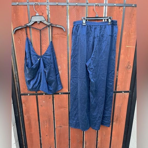 Lunya Washable Silk Cami & Pants Set Sz L Deep Blue T-back Strap - Picture 3 of 8
